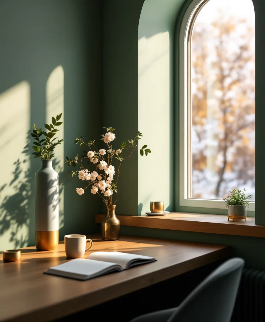 A quiet desk by an arched window in soft morning light