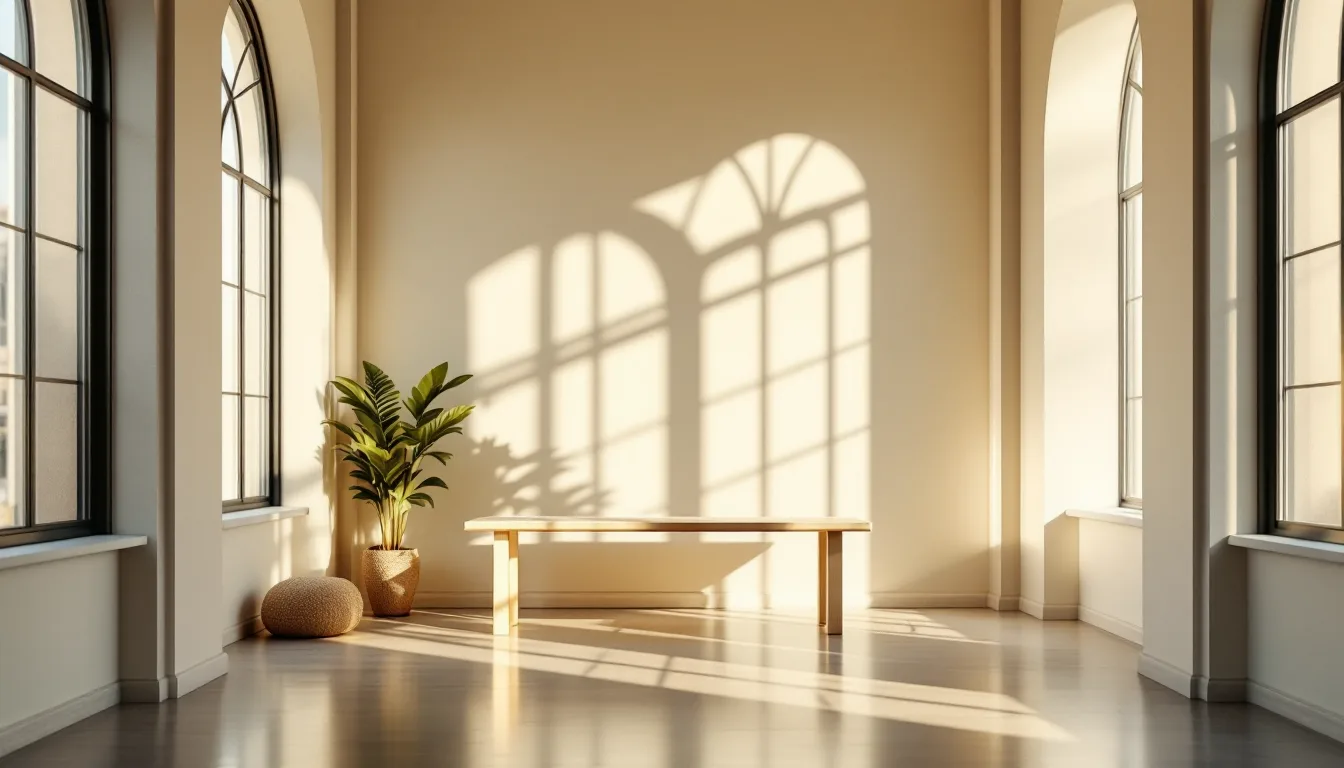 A calm, light-filled workspace with tall arched windows