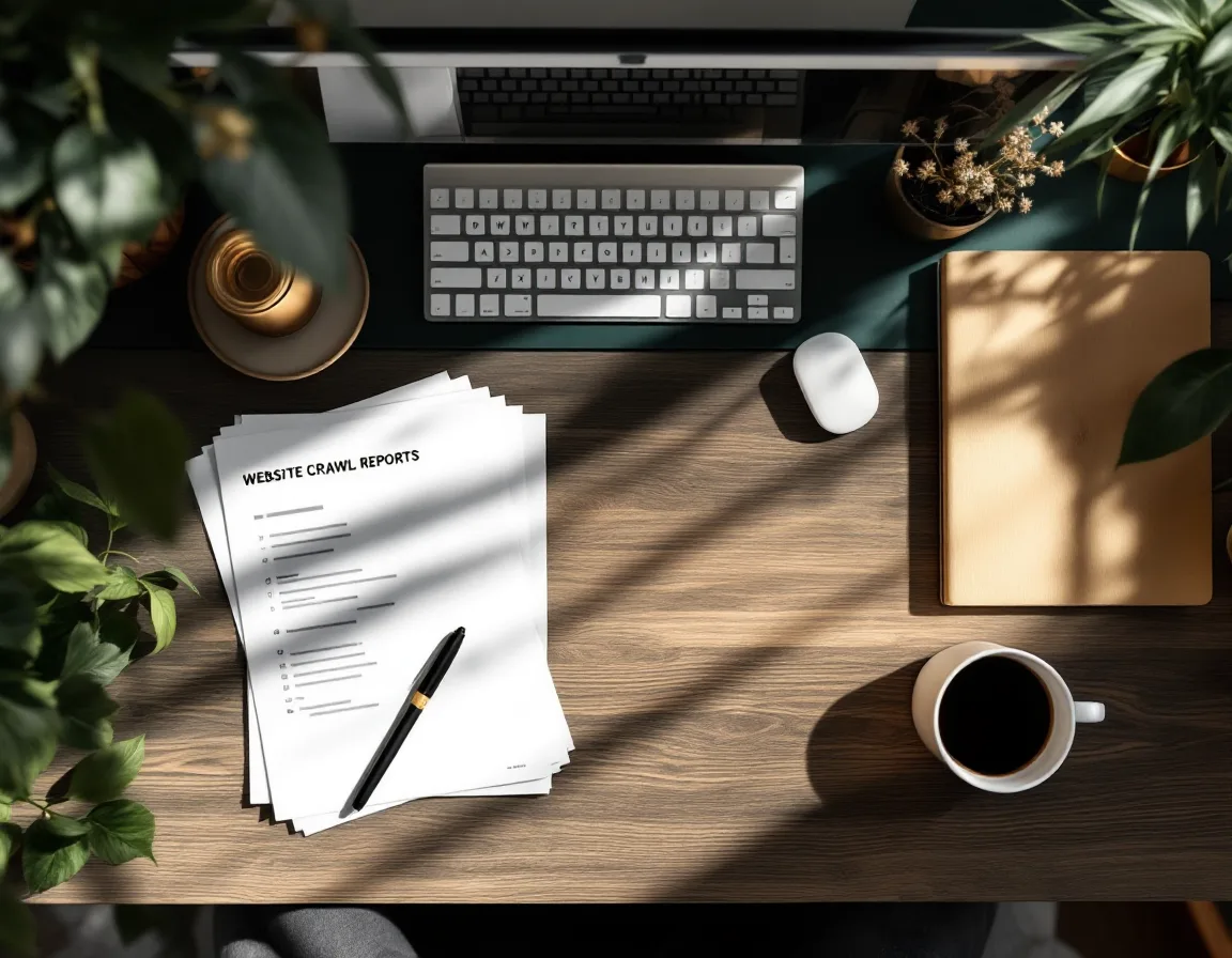 Printed site-audit reports laid out on a warm wooden desk